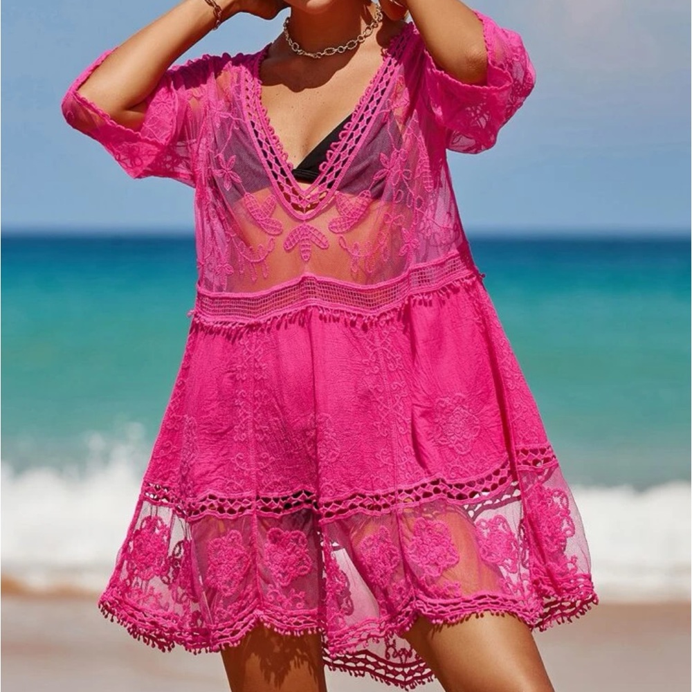 Boho Sheer Mesh Lace Deep V Neck Beach Swim Cover Up - Picture 5 of 16